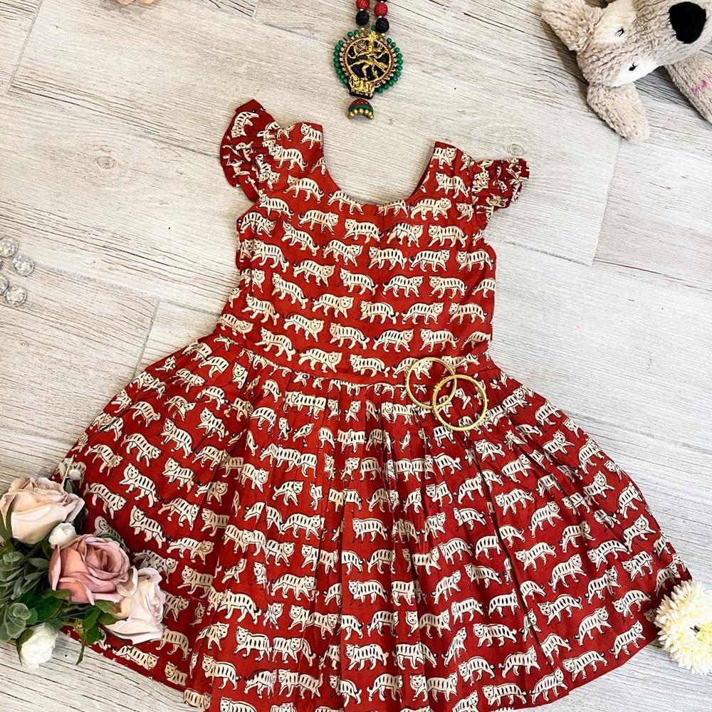 Pure cotton tiger print hand block printed dress for girls, girls dress